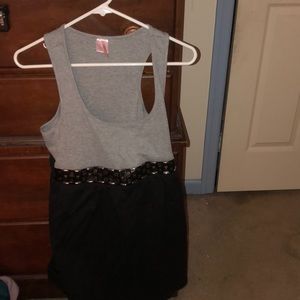 A gray and black dress. Sleeveless dress